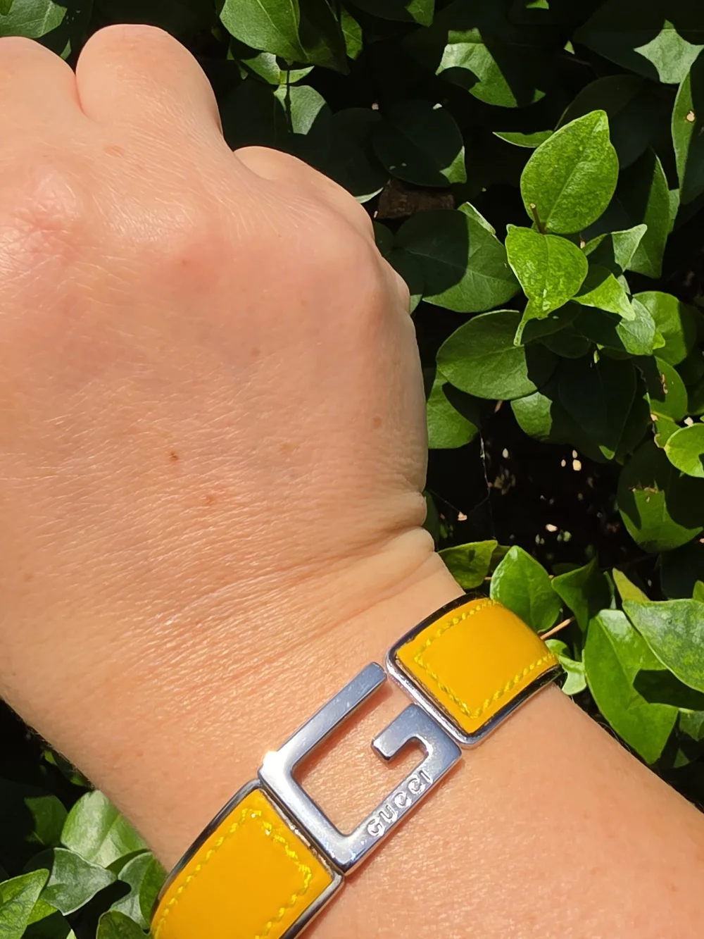 Gucci Leather G Hinge Bangle Mustard Color Silver-Tone Metal & Leather